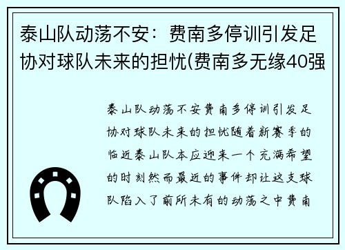 泰山队动荡不安：费南多停训引发足协对球队未来的担忧(费南多无缘40强全部比赛)