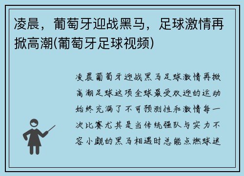 凌晨，葡萄牙迎战黑马，足球激情再掀高潮(葡萄牙足球视频)