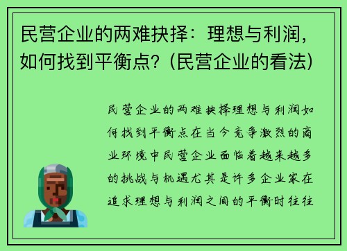 民营企业的两难抉择：理想与利润，如何找到平衡点？(民营企业的看法)
