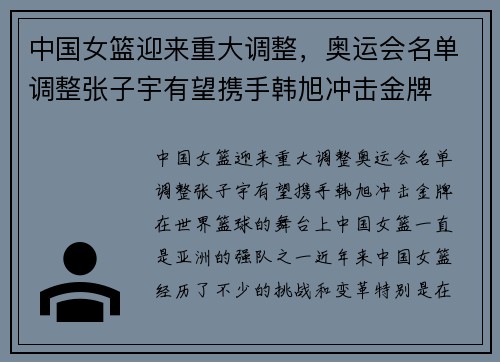中国女篮迎来重大调整，奥运会名单调整张子宇有望携手韩旭冲击金牌