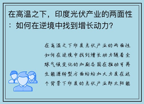 在高温之下，印度光伏产业的两面性：如何在逆境中找到增长动力？