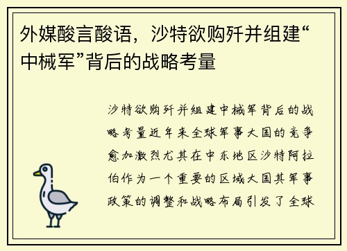 外媒酸言酸语，沙特欲购歼并组建“中械军”背后的战略考量