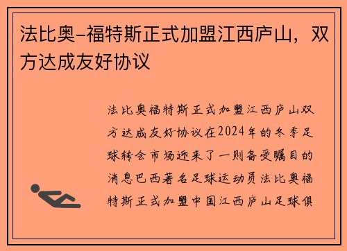 法比奥-福特斯正式加盟江西庐山，双方达成友好协议