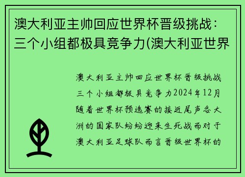 澳大利亚主帅回应世界杯晋级挑战：三个小组都极具竞争力(澳大利亚世界杯小组赛)
