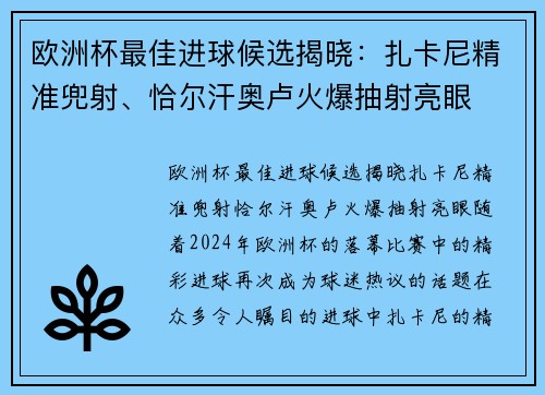 欧洲杯最佳进球候选揭晓：扎卡尼精准兜射、恰尔汗奥卢火爆抽射亮眼