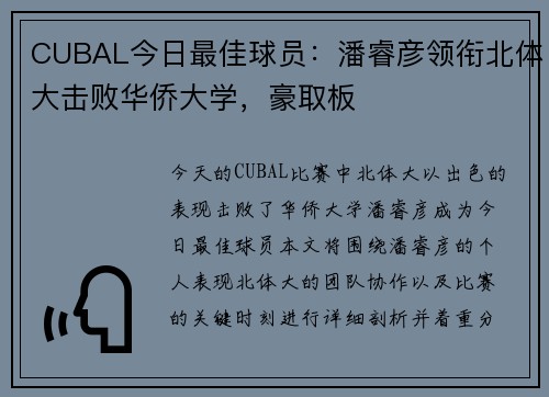 CUBAL今日最佳球员：潘睿彦领衔北体大击败华侨大学，豪取板