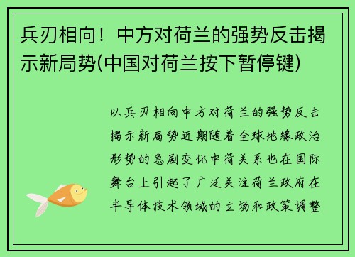 兵刃相向！中方对荷兰的强势反击揭示新局势(中国对荷兰按下暂停键)